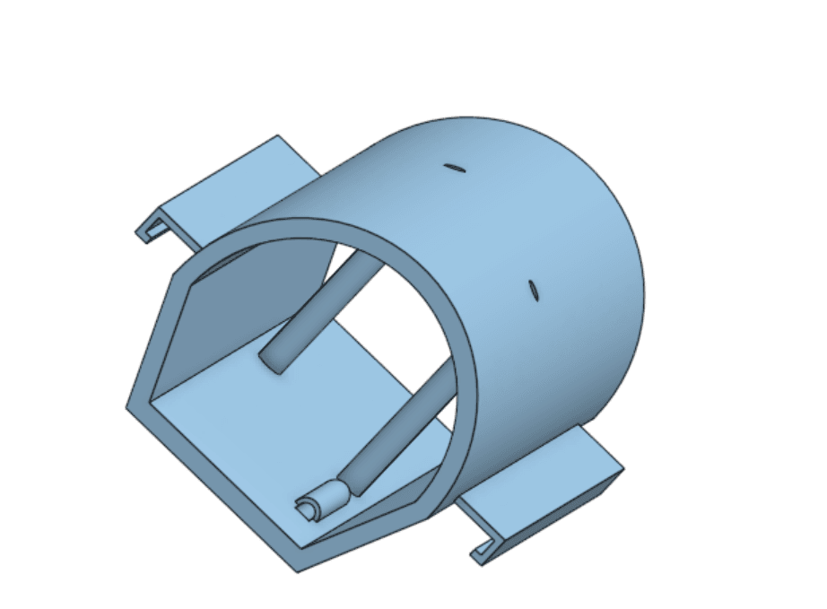 3D-rendered isometric view of the v3 MPI mouse-bed insert, showing the domed capillary housing and mounting tabs on both sides.